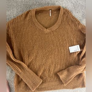 Free People Lulu Oversize V Neck Sweater Open Waffle Knit Birchwood Brown Medium